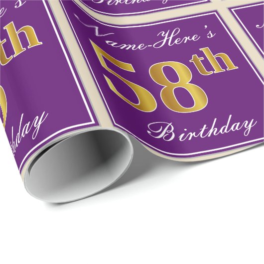Elegant, Paars, Faux Gold 58th Birthday + naam Cadeaupapier (Rol Hoek)