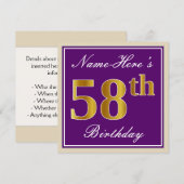 Elegant, Paars, Faux Gold 58th Birthday + naam Kaart (Voorkant / Achterkant)