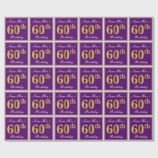 Elegant, Paars, Faux Gold 60th Birthday + naam Cadeaupapier (Vlak)