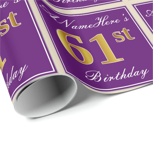 Elegant, Paars, Faux Gold 61st Birthday + naam Cadeaupapier (Rol Hoek)