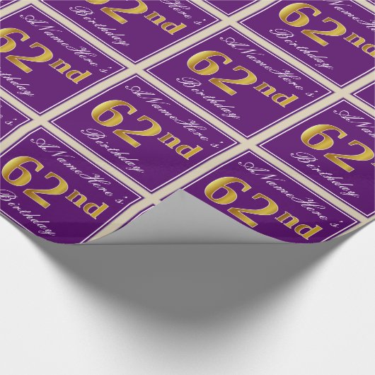 Elegant, Paars, Faux Gold 62e verjaardag + naam Cadeaupapier (Hoek)