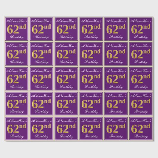 Elegant, Paars, Faux Gold 62e verjaardag + naam Cadeaupapier (Vlak)