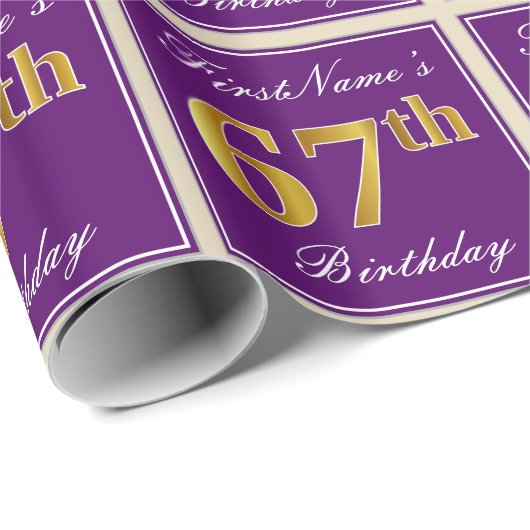 Elegant, Paars, Faux Gold 67th Birthday + Naam Cadeaupapier (Rol Hoek)