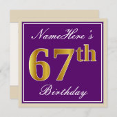Elegant, Paars, Faux Gold 67th Birthday + Naam Kaart (Voorkant / Achterkant)