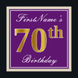 Elegant, Paars, Faux Gold 70th Birthday   naam Kaart<br><div class="desc">Dit eenvoudige en elegante uitnodigingsontwerp voor verjaardagsfeestjes bevat een gepersonaliseerde boodschap zoals "FirstName's 70th Birthday" (met de "70th" met een faux / imitatie goudachtige kleurlook) binnen een paarse vierkant gebied met een eenvoudige randomtrek. De naam is in een elegante wit-gekleurde script-achtige tekst, en kan worden aangepast. De achterkant bevat aanpasbare...</div>