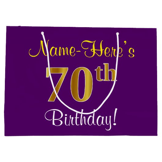 Elegant, Paars, Faux Gold 70th Birthday + naam Large Cadeautasje (Achterkant)