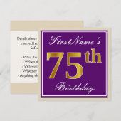 Elegant, Paars, Faux Gold 75th Birthday + naam Kaart (Voorkant / Achterkant)