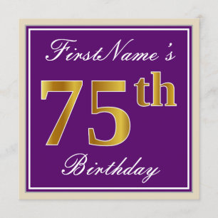 Elegant, Paars, Faux Gold 75th Birthday + naam Kaart