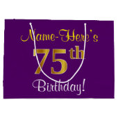 Elegant, Paars, Faux Gold 75th Birthday + naam Large Cadeautasje (Achterkant)