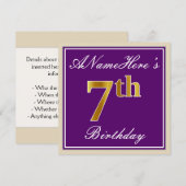 Elegant, Paars, Faux Gold 7th Birthday + Naam Kaart (Voorkant / Achterkant)