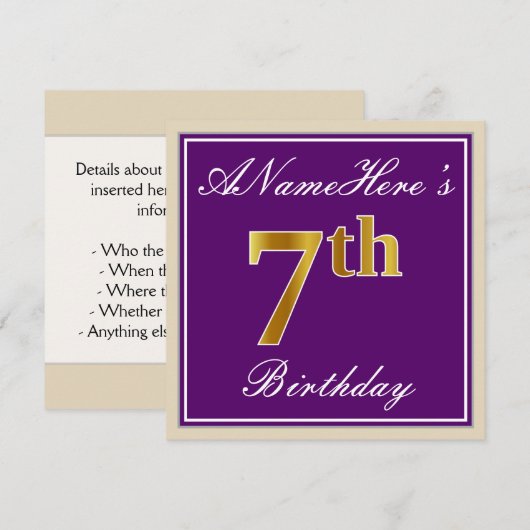 Elegant, Paars, Faux Gold 7th Birthday + Naam Kaart (Voorkant / Achterkant)