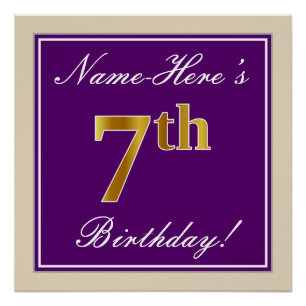 Elegant, Paars, Faux Gold 7th Birthday + Naam Poster