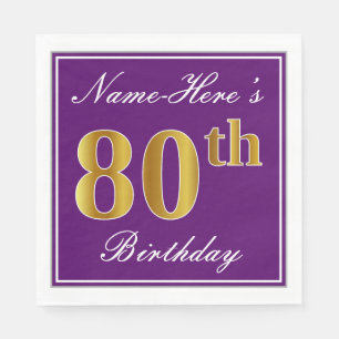 Elegant Paars, Faux Gold 80th Birthday + Naam Servet