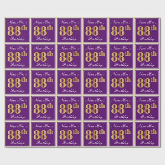 Elegant, Paars, Faux Gold 88th Birthday + naam Cadeaupapier (Vlak)