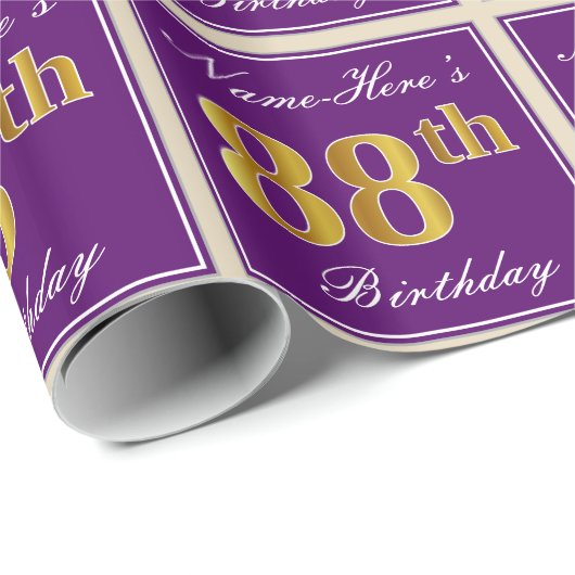 Elegant, Paars, Faux Gold 88th Birthday + naam Cadeaupapier (Rol Hoek)