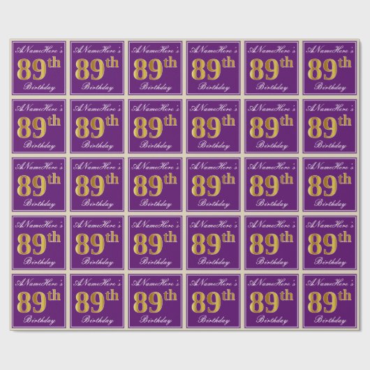 Elegant, Paars, Faux Gold 89th Birthday + naam Cadeaupapier (Vlak)