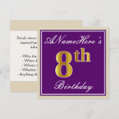 Elegant, Paars, Faux Gold 8th Birthday + naam Kaart (Voorkant / Achterkant)