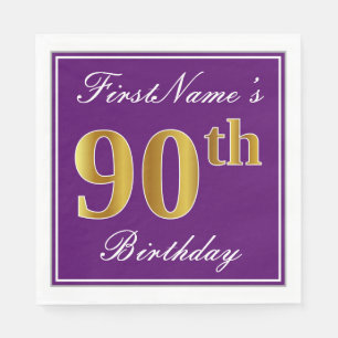 Elegant Paars, Faux Gold 90th Birthday + Naam Servetten