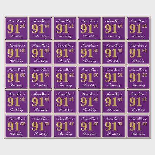 Elegant, Paars, Faux Gold 91st Birthday + naam Cadeaupapier (Vlak)