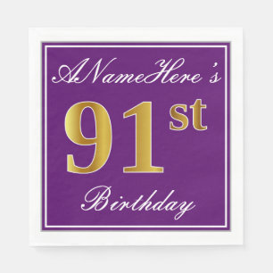 Elegant Paars, Faux Gold 91st Birthday + Naam Servet