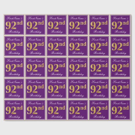 Elegant, Paars, Faux Gold 92nd Birthday + Naam Cadeaupapier (Vlak)
