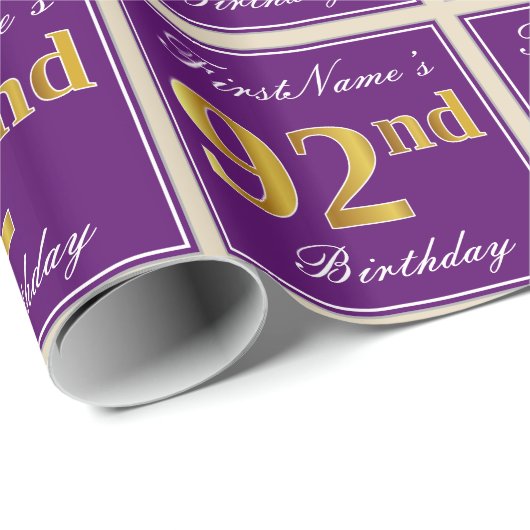 Elegant, Paars, Faux Gold 92nd Birthday + Naam Cadeaupapier (Rol Hoek)
