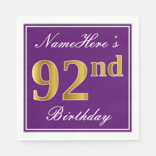 Elegant Paars, Faux Gold 92nd Birthday + Name Servetten