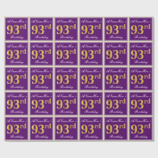 Elegant, Paars, Faux Gold 93rd Birthday + naam Cadeaupapier (Vlak)