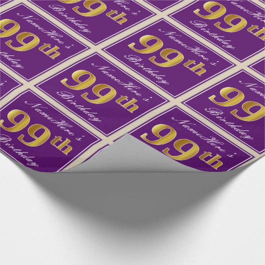 Elegant, Paars, Faux Gold 99th Birthday + naam Cadeaupapier (Hoek)