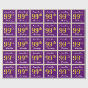 Elegant, Paars, Faux Gold 99th Birthday + naam Cadeaupapier