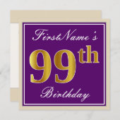 Elegant, Paars, Faux Gold 99th Birthday + naam Kaart (Voorkant / Achterkant)
