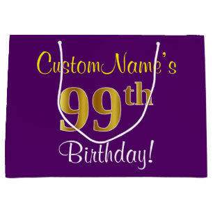 Elegant, Paars, Faux Gold 99th Birthday + naam Large Cadeautasje