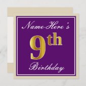 Elegant, Paars, Faux Gold 9th Birthday + Naam Kaart (Voorkant / Achterkant)
