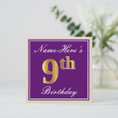 Elegant, Paars, Faux Gold 9th Birthday + Naam Kaart (Staand voorkant)