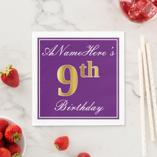 Elegant Paars, Faux Gold 9th Birthday + Naam Servet (Insitu)