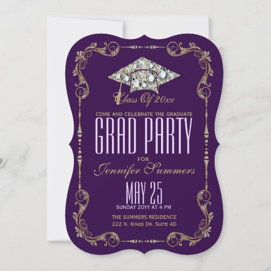 Elegant Paars, Faux Gold en Diamonds Floral Lijst Kaart (Achterkant)