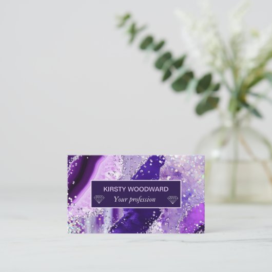 Elegant Paars Faux Holo Glitter Agate Visitekaartje (Staand voorkant)
