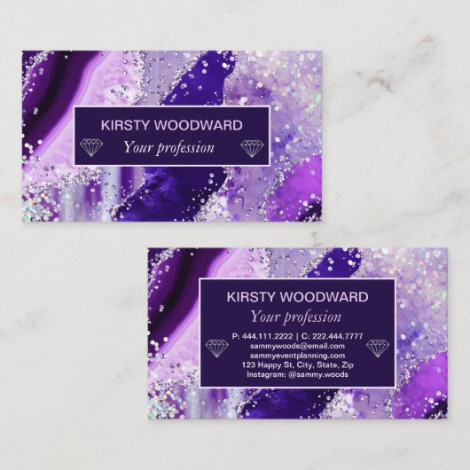 Elegant Paars Faux Holo Glitter Agate Visitekaartje (Voorkant / Achterkant)