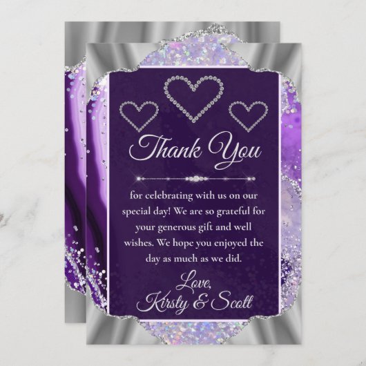 Elegant Paars Faux Holo Glitter Agate Wedding Bedankkaart (Voorkant / Achterkant)