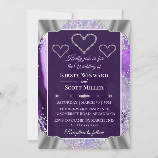 Elegant Paars Faux Holo Glitter Agate Wedding Kaart (Voorkant)