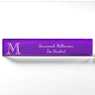Elegant Paars Faux Metal Monogram Student Naambordje