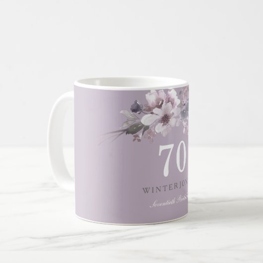 Elegant Paars Floral 70th Birthday Party Gift Koffiemok (Voorkant links)