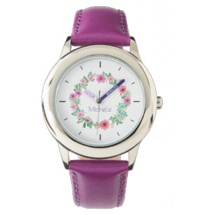 Elegant Paars Floral Aangepaste naam Vrouwen Horlo Horloge