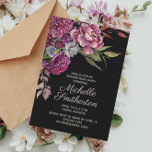 Elegant Paars Floral Black 80th Birthday Invitati Kaart<br><div class="desc">Elegant 80e verjaardag uitnodiging voor vrouwen met paarse waterverf bloemen en groen op een zwarte achtergrond. Neem contact met mij op voor hulp bij aanpassingen of voor het aanvragen van matching of het coördineren van Zazzle-producten.</div>