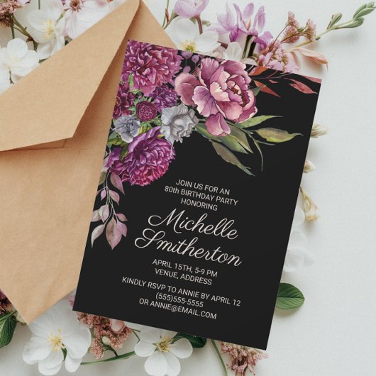 Elegant Paars Floral Black 80th Birthday Invitati Kaart