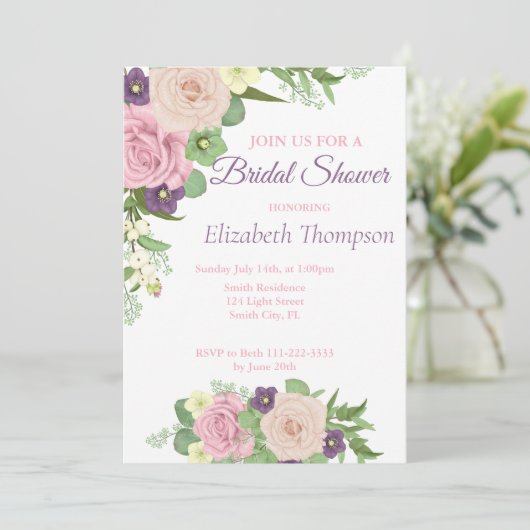 Elegant Paars Floral Bridal Shower Kaart (Staand voorkant)