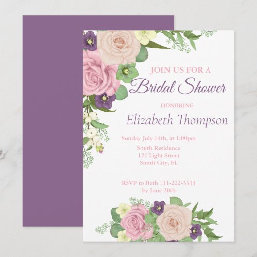 Elegant Paars Floral Bridal Shower Kaart (Voorkant / Achterkant)