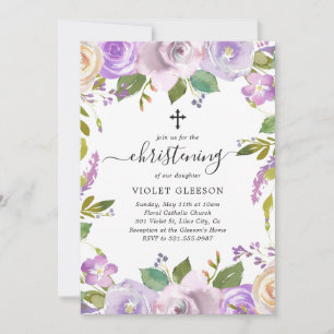 Elegant Paars Floral Cross Girl Christening Kaart