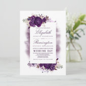 Elegant Paars Floral Elegant Waterverf Wedding Kaart (Staand voorkant)