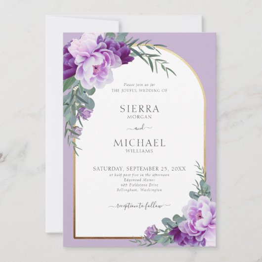 Elegant Paars Floral Foliage Gold Arch Weddenschap Kaart (Voorkant)